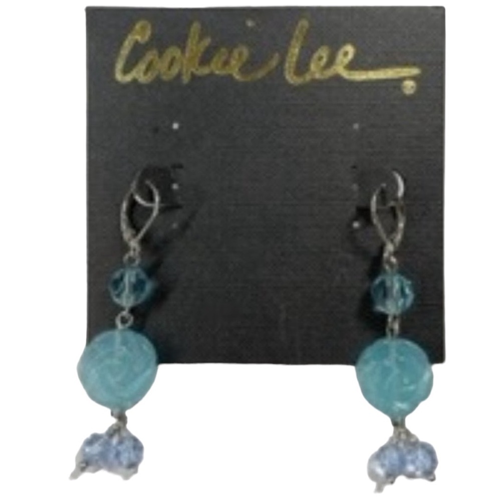 NWT Cookie Lee Turquoise Rosette and Crystal Bead Dangle Earrings